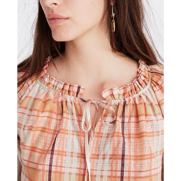 MADEWELL Plaid Tie Neck Ruffle Top Womens XXS Cream Orange 3/4 Sleeve Blouse - Picture 4 of 15